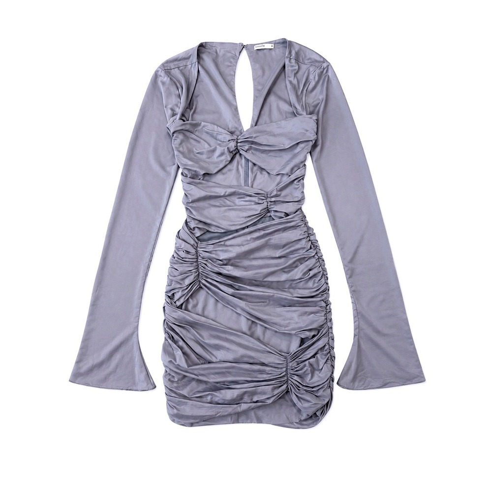 House of CB Camille Dove Grey Silk Ruched Cutout Mini Dress XS - Picture 6 of 12
